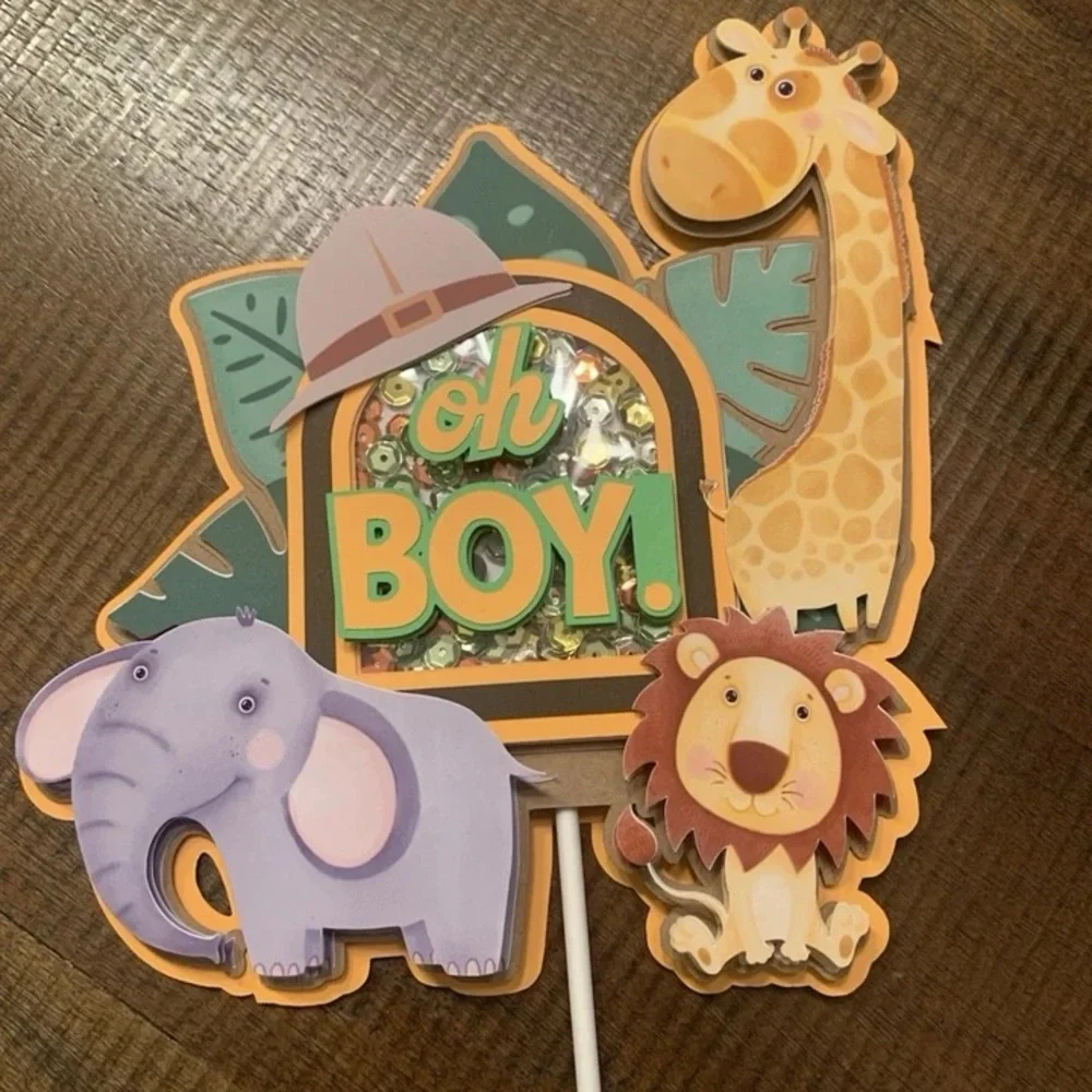 Oh Boy Jungle Safari Shaker 3D Baby Cake Topper - Blue & Green